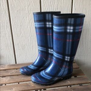 Dirty Laundry Long Blue Plaid Rain Boots